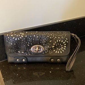 Black Pierced Leather Wallet Clutch with Silver Underlay & Hardware